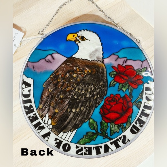 Amia Round USA Bald Eagle Red Rose Hand Painted Glass Sun Catcher NIB - Picture 4 of 8